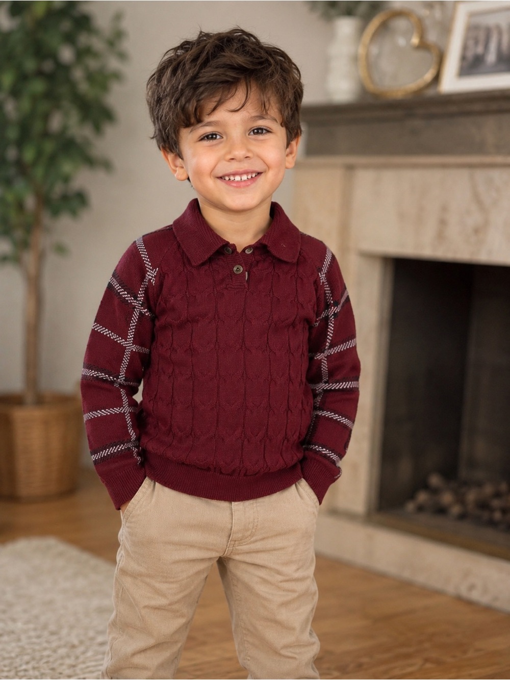 Boys' Burgundy maroon plaid Cable Knit Polo Sweater size 4T buttons